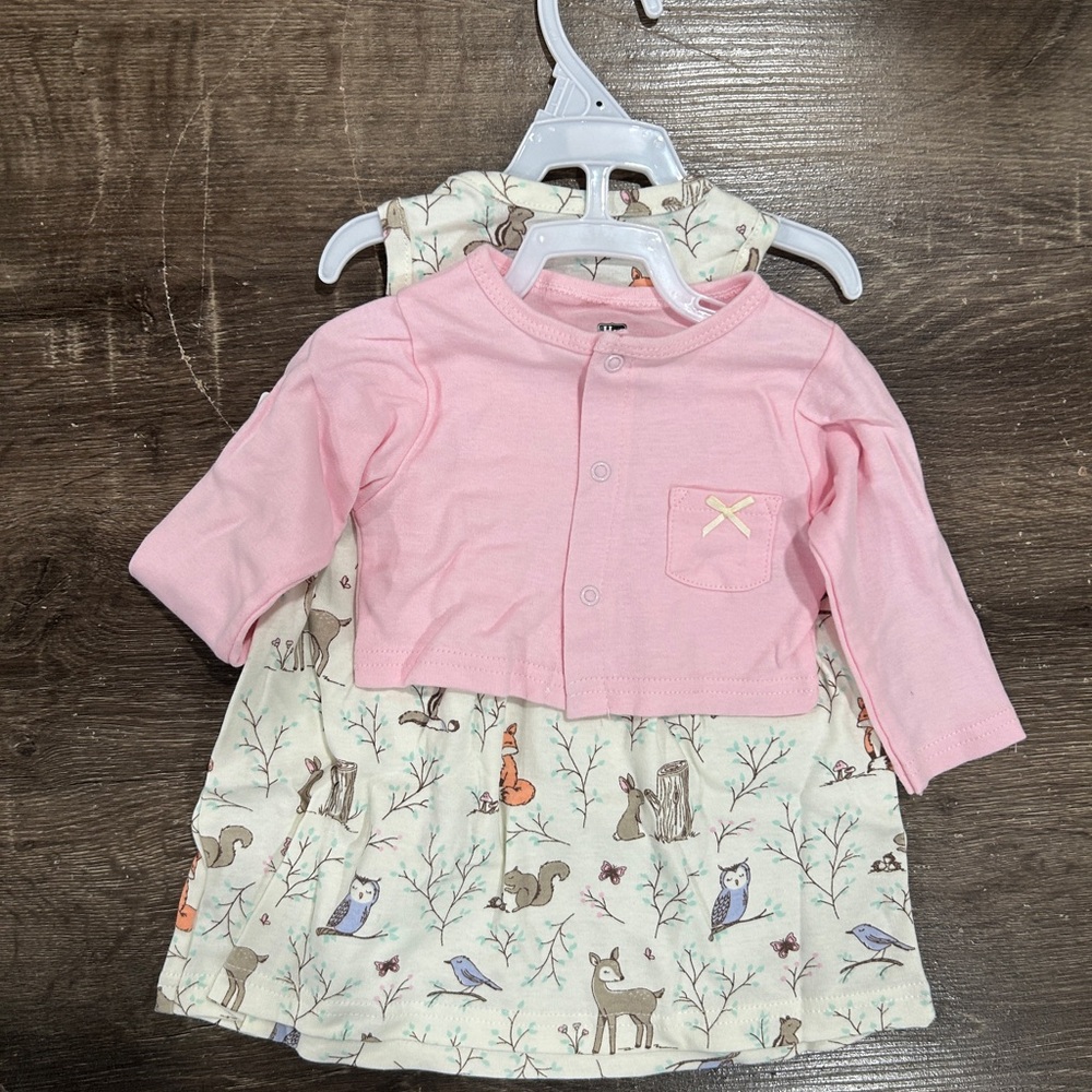 Pink Cardigan and Animal Print Dress Set